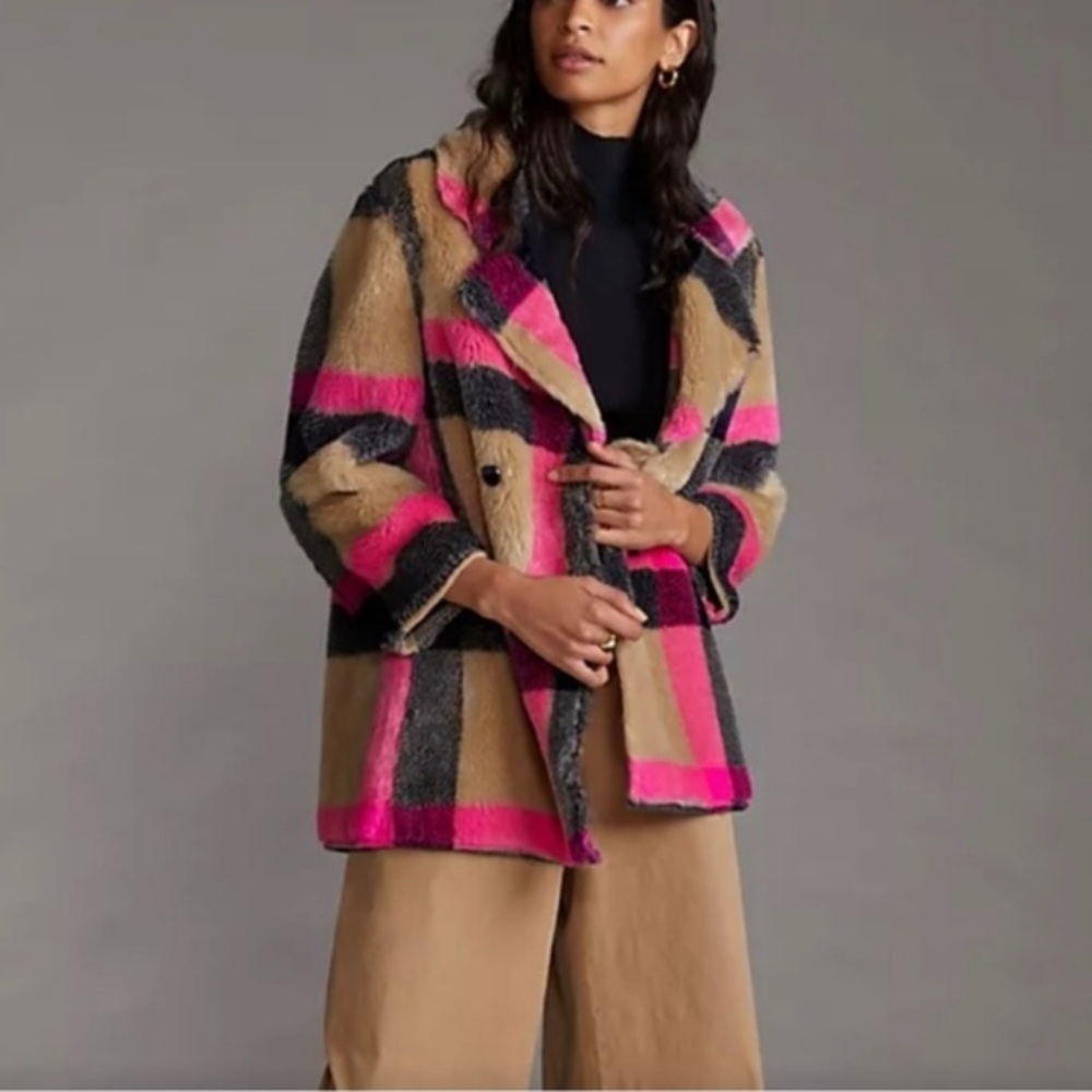 Anthropologie Vilagallo Plaid with hot pink statement teddy jacket